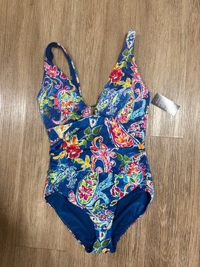 Lauren Ralph Lauren Blue Floral Paisley One-Piece Swimsuit size 16